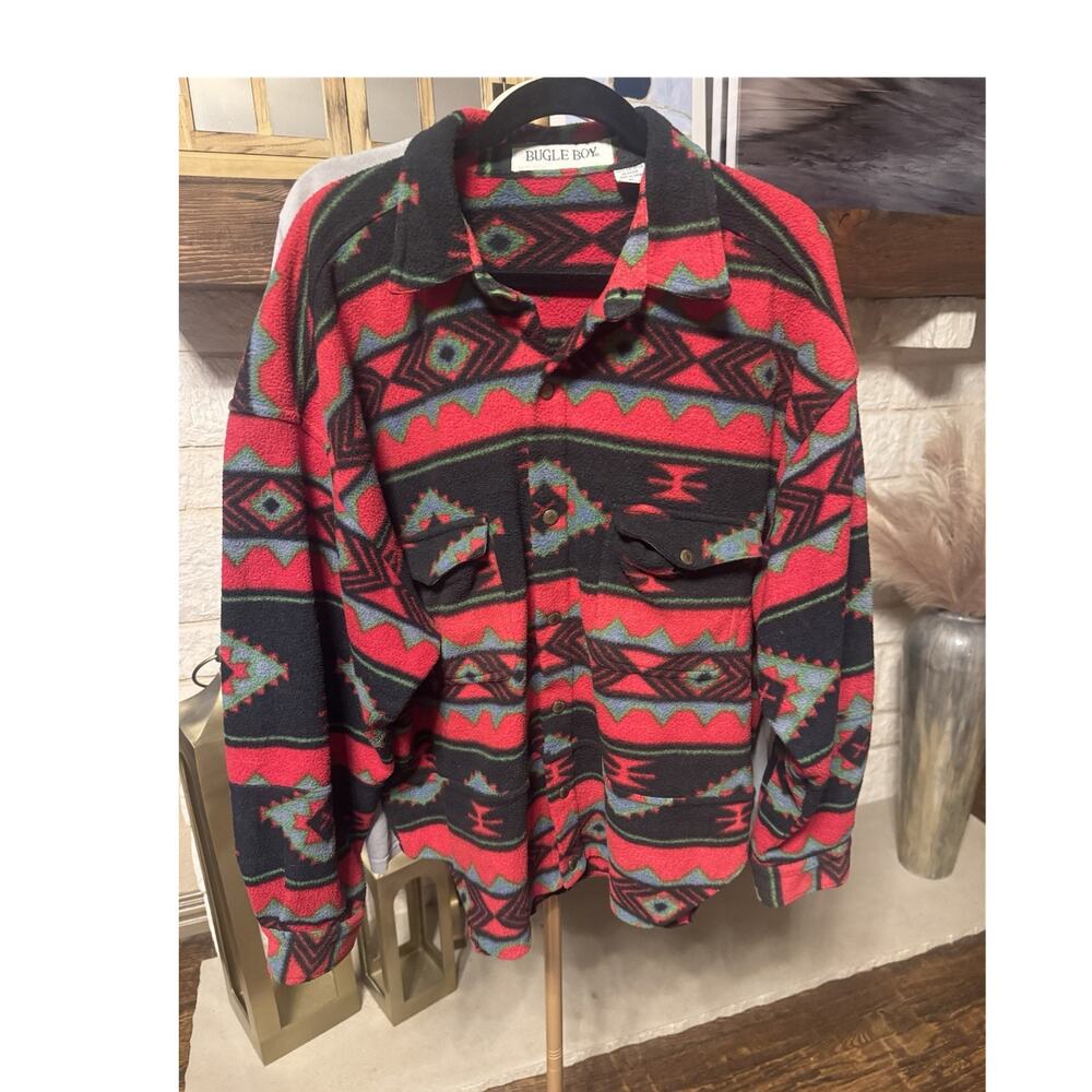 Bugle Boy XL Fleece Button-Up Shirt Red Black Geometric Western Long Sleeve